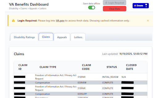 VA Benefits Dashboard :: Enhanced dashboard with VA disability ratings, claims, appeals, and letters with automatic refresh and better data management.