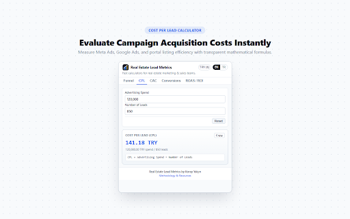 Real Estate Lead Metrics :: Fast, privacy-first marketing & sales funnel metrics calculator for real estate teams.