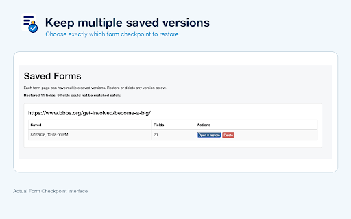 Form Checkpoint :: Save the current state of a filled form and restore it later, including forms filled before installation.