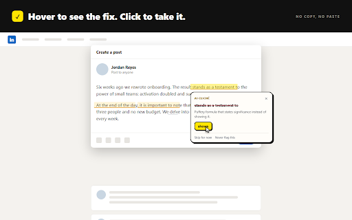 RemoveAISlop: Real-Time AI Slop Detector :: Underlines AI clichés, spelling and grammar in any editor. Unlimited checking, all in your browser; 5 rewrites a day.