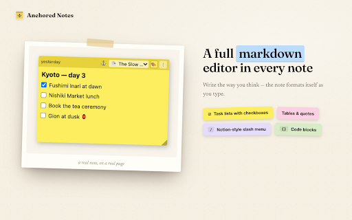 Anchored Notes: Sticky Notes on Web Pages — Markdown, Sync & Encrypted :: Leave sticky notes anchored to a page, site, tab or globally. Full markdown editor and encrypted sync across your devices.