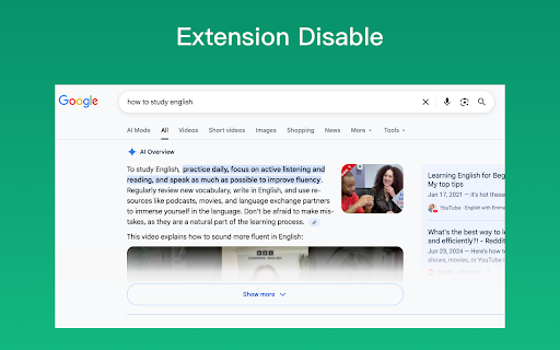 Turn Off Google AI Overview :: Disable the AI Overview banner on Google Search results pages.
