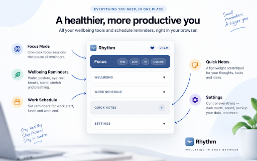 Rhythm – Wellness Companion :: Water, posture, eye-rest and break reminders plus a Pomodoro focus timer. A lightweight, offline wellness companion.