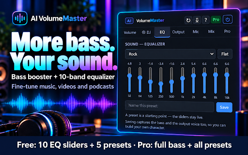 AI VolumeMaster — 800% Volume Booster & Bass :: Boost quiet tabs to 800%, add bass, tune a 10-band EQ, change voices and record. Runs locally. 7-day Pro trial, no card.