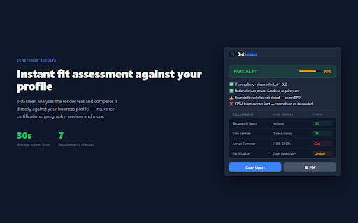 BidScreen :: AI-powered tender screening for bid writers. Screen tenders in 30 seconds against your profile. UK, US, Canada and Australia.