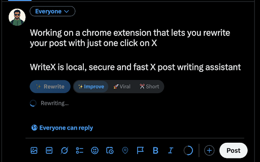 Write𝕏 — Enhance X Post :: Enhance your X posts with AI. Local, private, free.