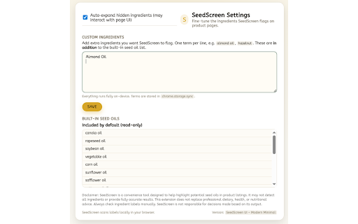 SeedScreen :: On-device flagged ingredient detector for product pages and pasted ingredient lists.