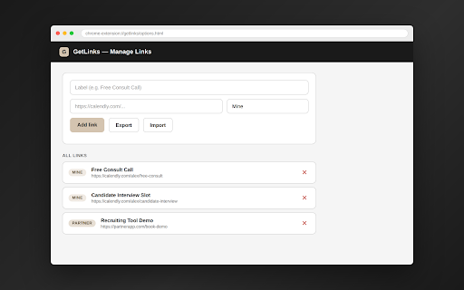 GetLinks :: Quick access to your booking links and affiliate/partner booking links.