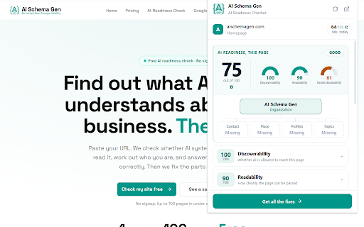 AI Readiness Checker by AI Schema Gen :: See how ready any web page is for AI crawlers and answer engines: its schema, structure, and declared identity, scored instantly.