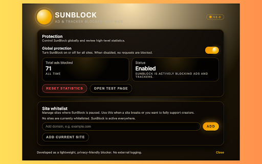 SunBlock :: SunBlock - a clean, professional ad & tracker blocker with per-site controls.