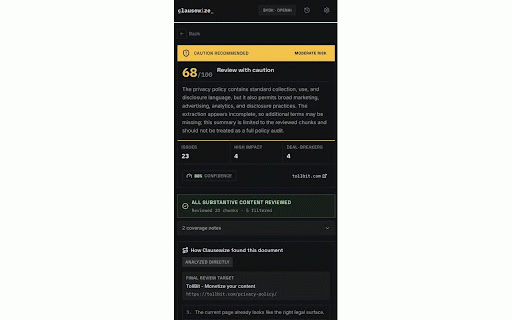 Clausewize :: Analyze the current page for legal risk signals.