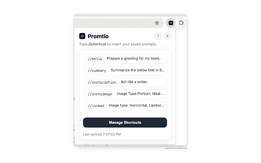 Promtlo: AI Prompt Shortcuts :: Type //shortcut to paste saved prompts anywhere on the web. Works in ChatGPT, Claude, Gemini, Gmail, Notion and more.