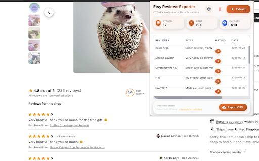 Etsy Reviews Exporter :: Extract reviews from Etsy product pages and export to CSV, XLSX, or JSON.