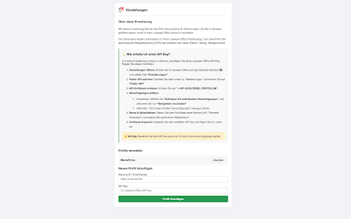 Lexware Office PDF Uploader :: Laden Sie PDFs direkt aus Ihrem Browser in mehrere Lexware Office Accounts hoch.