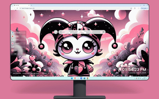 Kuromi Skull Live Wallpaper :: Chibi Kuromi with skull cap and heart outfit against mystical pink galaxy with moons and flowers.