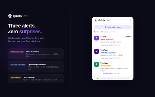 Quietly :: Watches Gmail for trial endings, price increases, and renewal warnings — privately, in your browser.