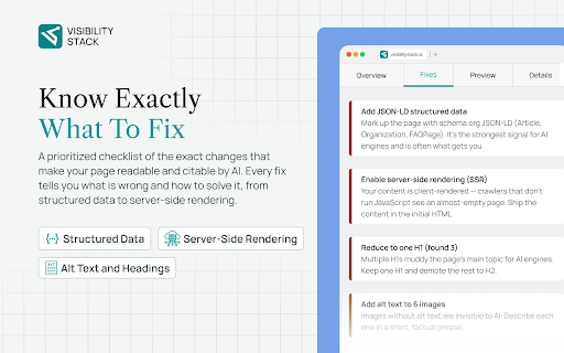 AI Crawl Accuracy, by VisibilityStack :: Score any page for AI search. See how ChatGPT, Gemini and AI Overviews read it, and what to fix to get cited.