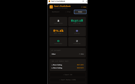 Sam's HustleBank :: Clip side hustle ideas from any page, calculate real hourly rate and ROI, and rank them side by side.