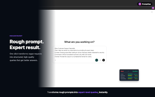 PromptZap :: Zap your prompts. Privacy-first AI prompt transformer for ChatGPT, Claude, Gemini & Grok. Zero data storage.