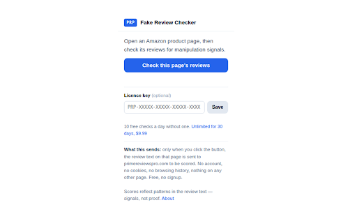 Prime Reviews Pro — Fake Review Checker :: Scores Amazon and Trustpilot reviews for authenticity signals while you shop. Free, no signup, and it says why each is flagged.