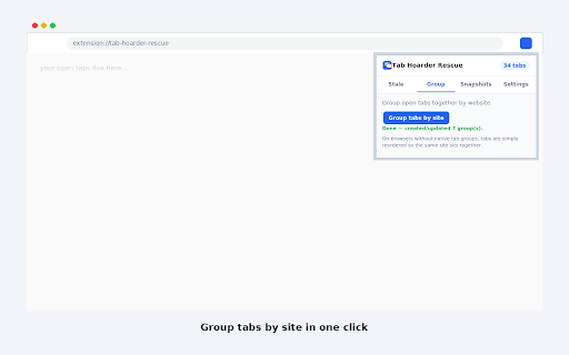 Tab Hoarder Rescue :: Tame tab overload: group tabs by site, spot ones you forgot about, and snapshot/restore whole sessions.