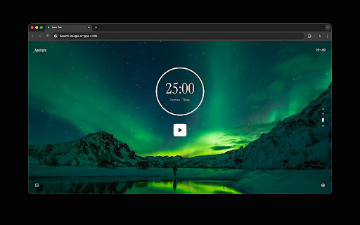 Aperture – Beautiful Start Page :: A focused new-tab workspace with clock, search, timer, quotes, and ambient sounds to help you stay productive.