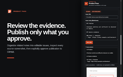 Product Pass :: Capture visual website feedback, organize it into issue drafts, and publish approved issues to GitHub.