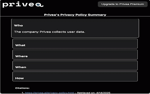 Privea :: An extension that summarizes privacy policies into 5 short bullet points.