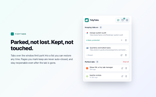 TidyTabs :: Close duplicates, expire idle tabs, cap tabs per window, and keep tabs on pages that matter.