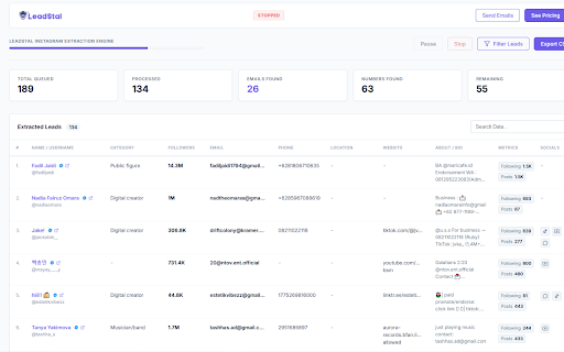 Bulk Email Finder & Phone Scraper for Instagram :: Find & export emails, phone numbers, websites and social profile links from Instagram profiles, hashtags, and search results to CSV.
