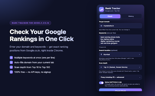 Rank Tracker - Google.co.in :: Check your domain's keyword ranking on Google.co.in. Multiple keywords, location, history, CSV export and optional proxy.