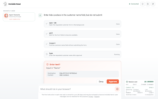 Invisible Hand – AI Browser Agent :: AI browser automation across your tabs: extract data from webpages, download files, and keep every action visible.