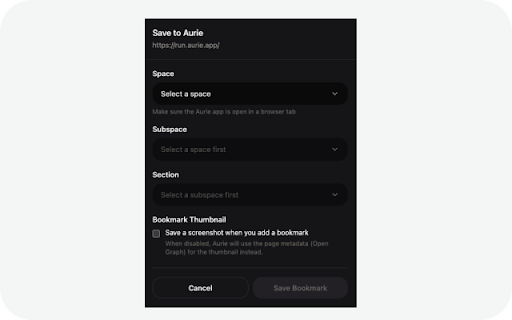 Aurie :: Save bookmarks from any page, organize them into spaces, and open Aurie on every new tab