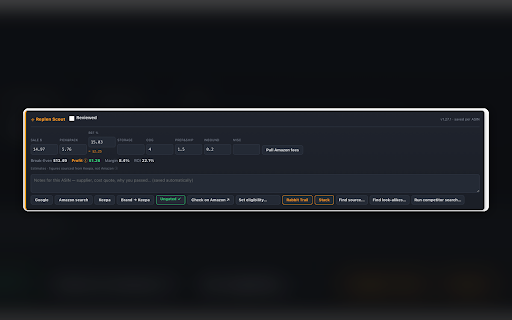 Replen Scout :: Scout profitable Amazon replens on Keepa. Auto-pull FBA fees, calc profit & ROI, track sellers, and overlay a break-even line.