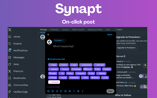 Synapt: AI replies & posts for X (Twitter), LinkedIn and Product Hunt :: Your X (Twitter), LinkedIn, Product Hunt copilot. Posts & replies in your voice on one click. Save time, engage & grow smarter!