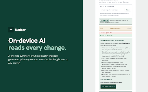 Website Change Monitor & Alerts - Noticer :: Watch any page for changes. Private on-device AI summarizes them and alerts you only when it matters. Free, runs on your device.