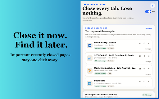 Tabsolved AI :: Close every tab. Lose nothing. Recover important pages and search your browsing history with private, local AI.