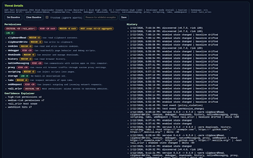 Extension Security Monitor :: Monitor installed browser extensions, score risk, and alert on permission changes.