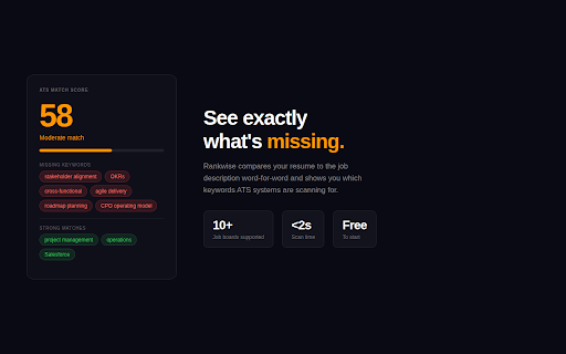 Rankwise – AI Resume Scorer & Rewriter :: Paste your resume, open any job posting. Rankwise scores your ATS match and rewrites your bullets with Claude AI — in seconds.