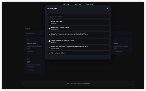 DTB - Daily Tool Box :: Your Daily Tool Box. A new tab full of developer tools — Base64, Timestamp, Hash, JSON, JWT and more — plus a clock and your IP.