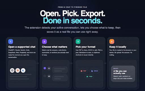 AI Chat Exporter & Sharer - PDF, DOCX & More :: Export AI chats to PDF, DOCX, Markdown, images, and JSON with local processing and message selection.