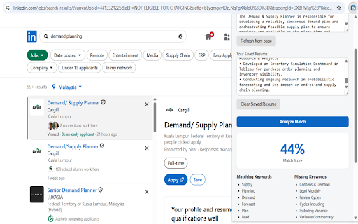 LinkedIn Job Match Analyzer :: Match your resume to LinkedIn job descriptions with match scores, skills gap analysis & ATS tips