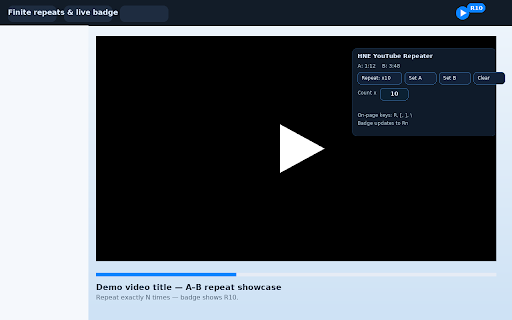 Repeat for YouTube™ A-B — HNE Looper :: Loop any YouTube segment with A-B repeat and counts (∞ or N). Clean popup UI, hotkeys, badge. Works on Shorts & YouTube Music.