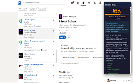 CVInsight - Job Match Score :: Instantly see how your resume matches any job on LinkedIn, Naukri, Indeed & more. Track applications in one click.