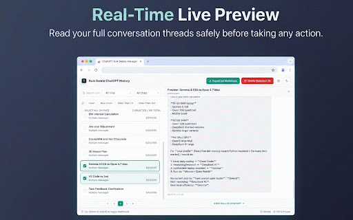 Bulk Delete ChatGPT History & Chat Cleaner :: Bulk delete ChatGPT history, search chats, clear old conversations, and export to Markdown instantly for free.