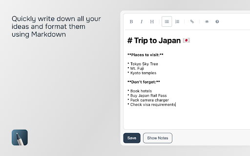 Quick Notes :: Quick Notes: write and save ideas in one click. Simple Markdown editor with local data storage.