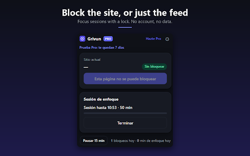 Grivun — Website Blocker & Feed Hider :: Block a whole site, or hide only its feed and keep the rest. Focus sessions with a lock. No account, no data collected.
