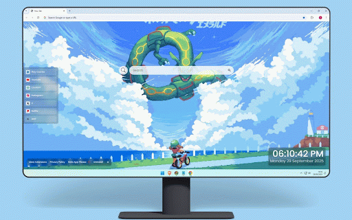 Pokemon Emerald Title Screen Pixel Live Wallpaper :: Legendary Rayquaza soaring through clouds above trainer on bike in nostalgic Pokemon Emerald pixel art.