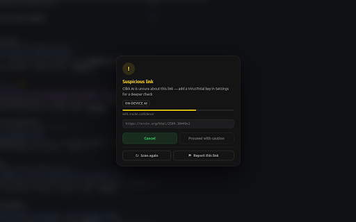 Clikk :: Checks links for safety before you visit them — on-device AI plus URLhaus, OpenPhish and ThreatFox blocklists. Private by design.