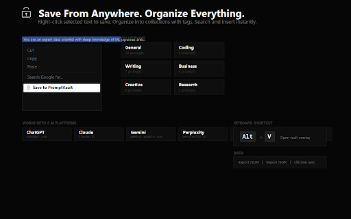 PromptVault :: Save, organize, and instantly insert prompts into any AI platform. Sync across devices with one click.
